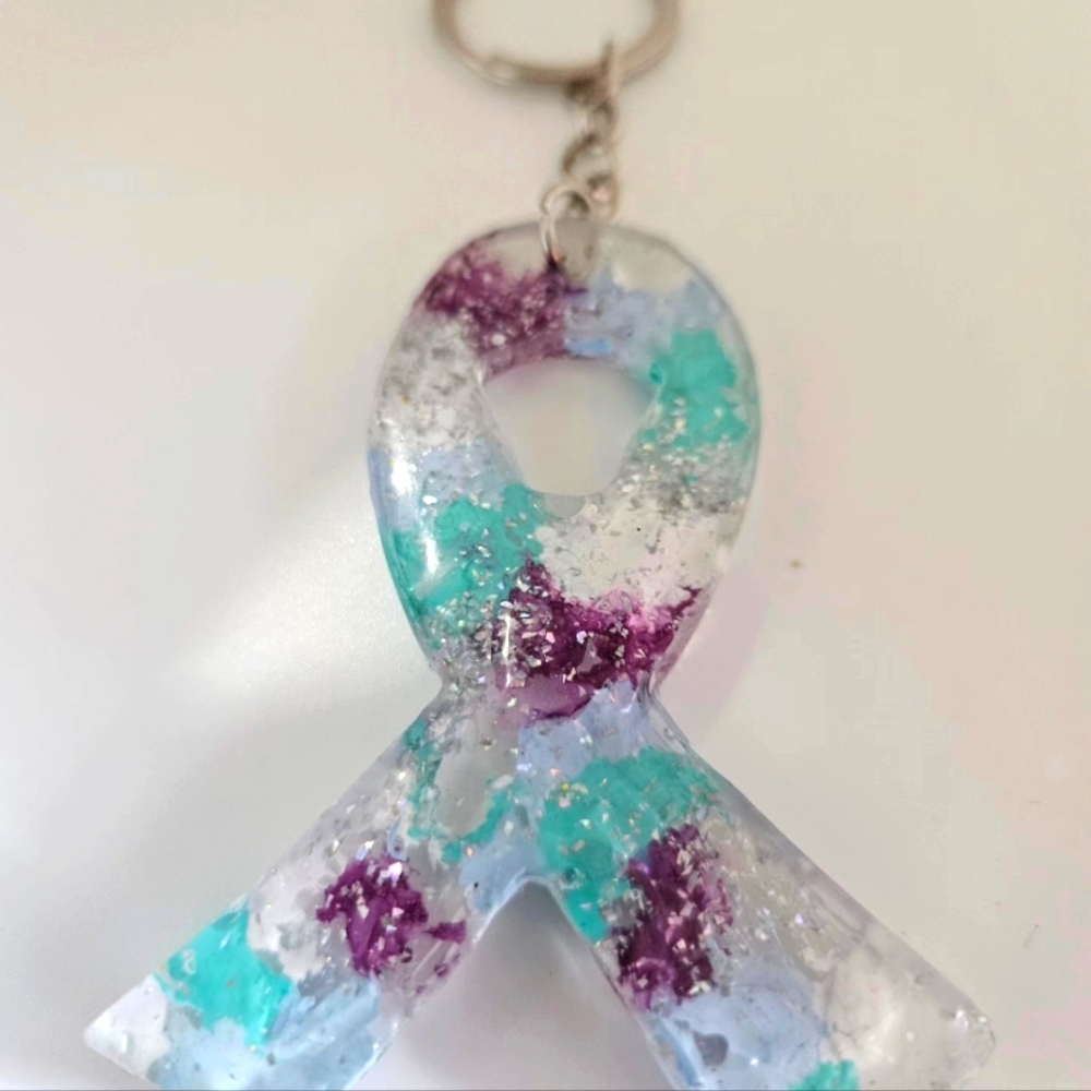 Teal, white, purple paint tye dye style resin ribbon Keychain